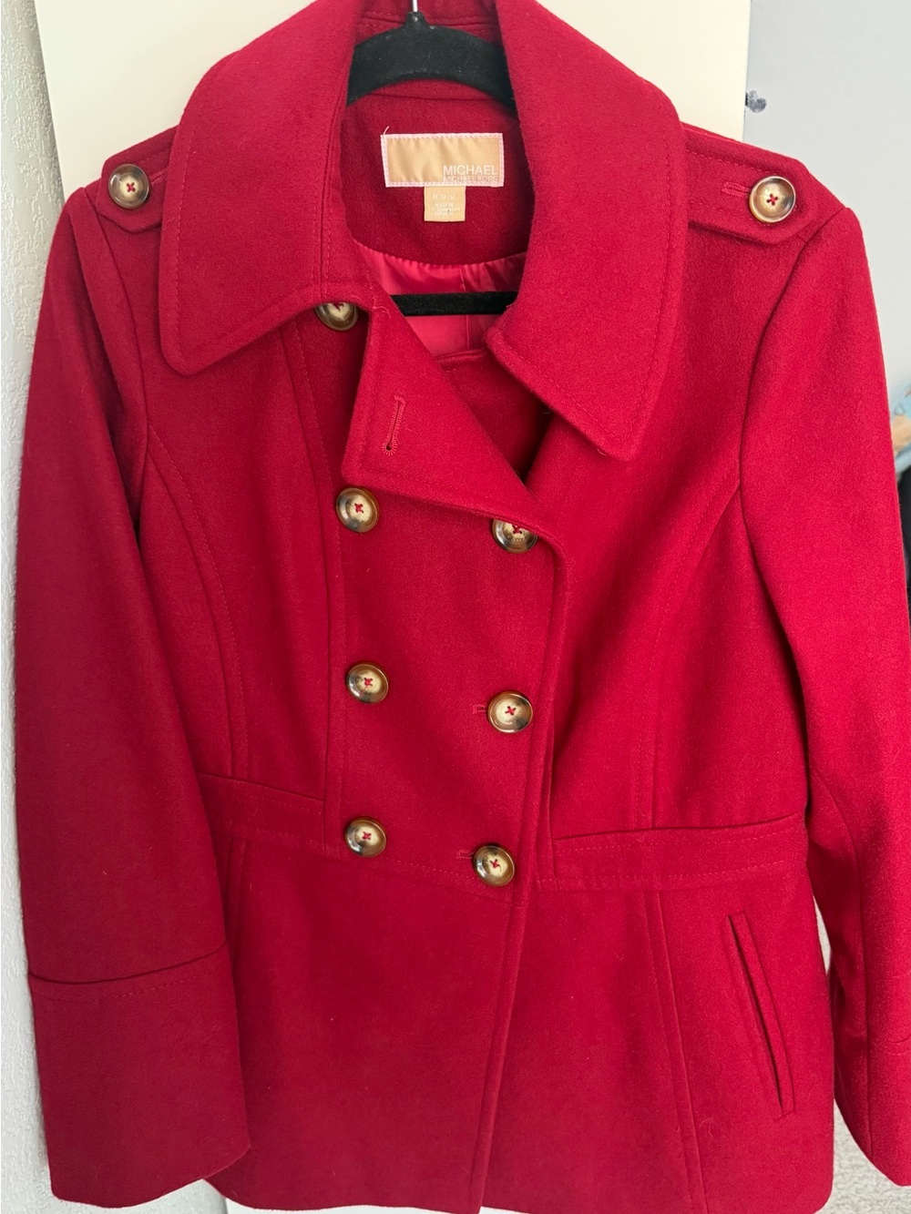 Michael Kors Red Double-Breasted Wool Peacoat with Gold Buttons